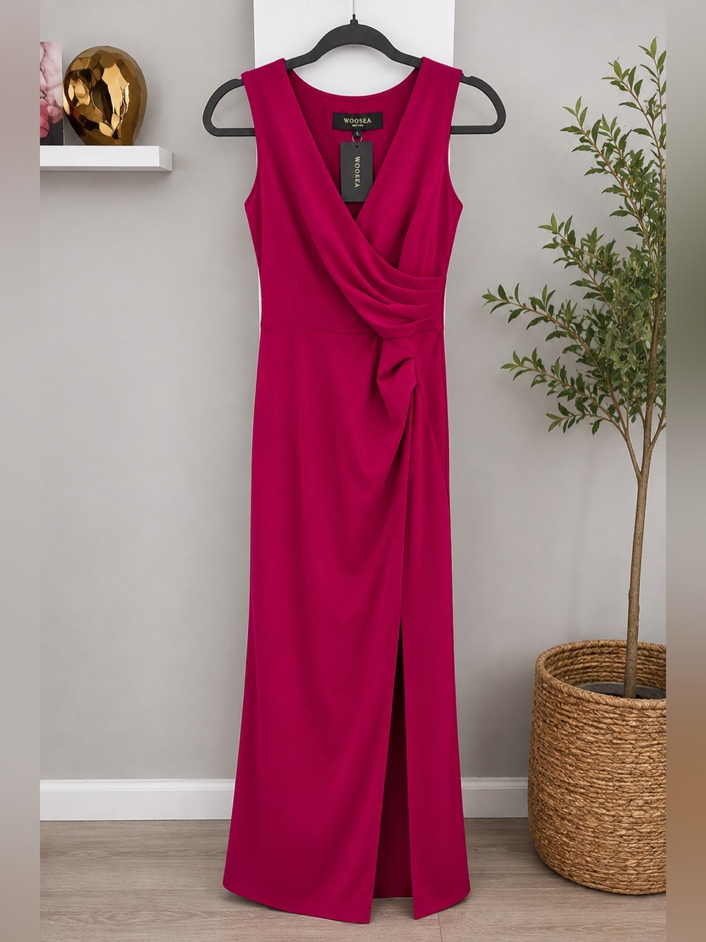 WOOSEA NWT Large Ruched Wrap V Neck Maxi Dress Slit Formal Gown